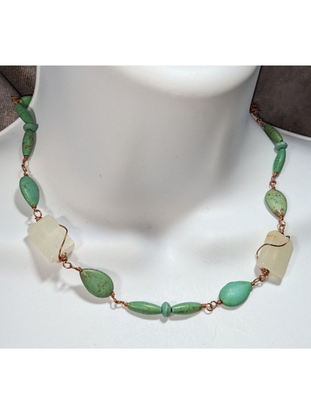 Handmade Boho Faux Turquoise Glass Bead Copper Wire Necklace Artisan Jewelry